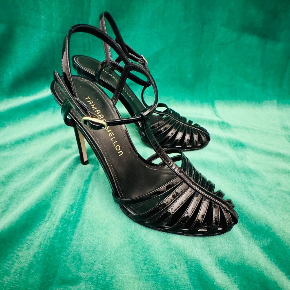 TAMARA MELLON Black Patent Studio 54 High Heel Sandals 35.5